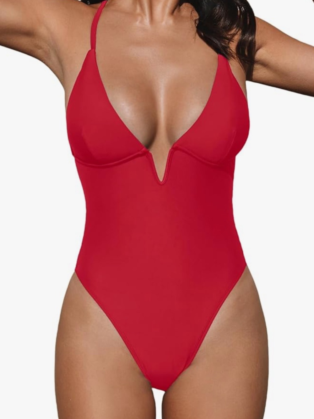 Cupshe Red V-Plunge One-Piece Swimsuit
